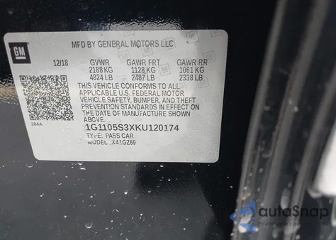 2019 Chevrolet Impala Premier из США, поврежденный, VIN 1G1105S3XKU120174